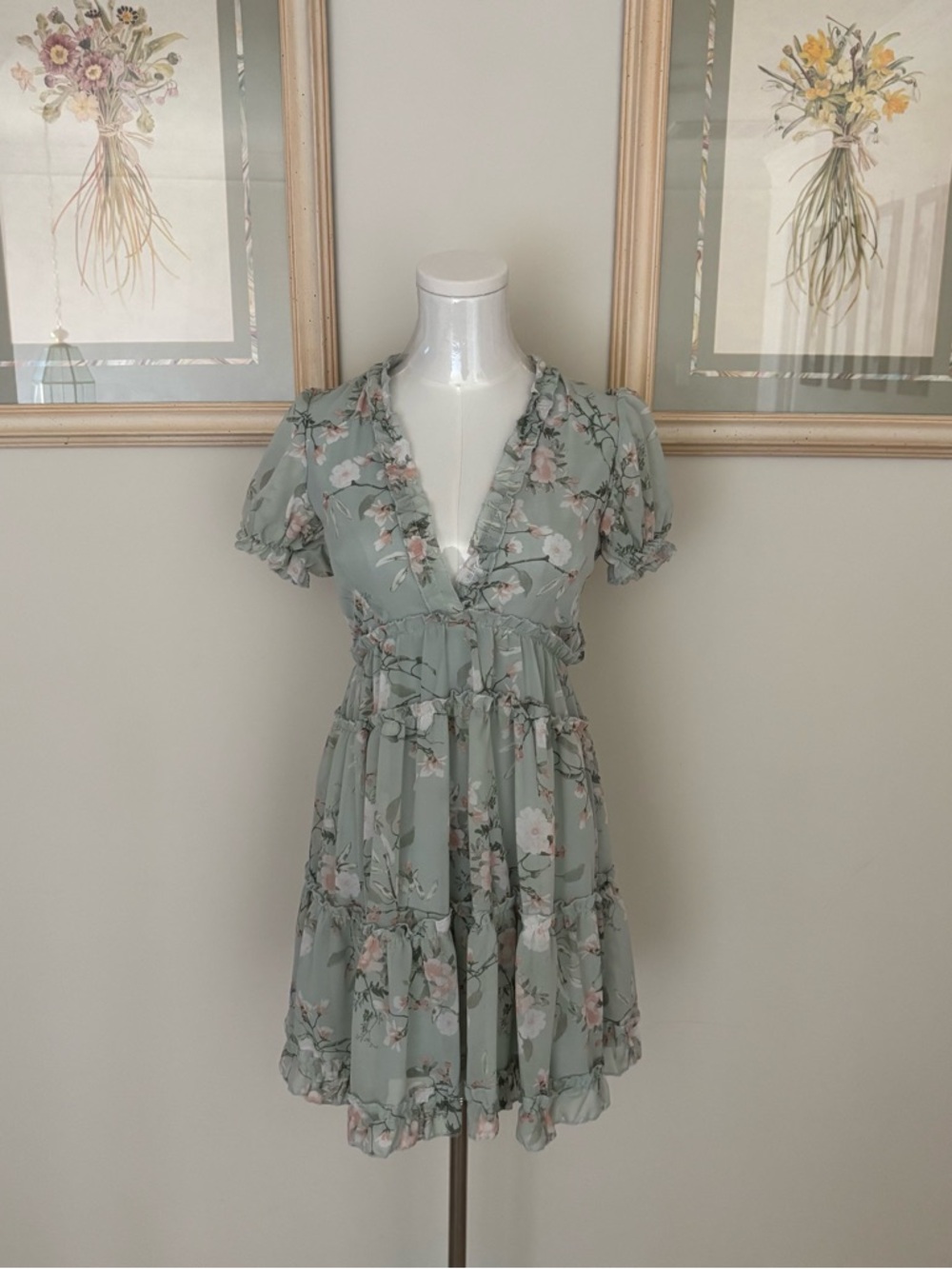 Sage Green Floral Ruffle Mini Dress